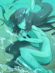 Rule 34 | 10s, 1girl, abyssal ship, anchorage water oni, black hair, colored skin, closed eyes, fish, horns, inui (jt1116), kantai collection, long hair, monochrome, nude, solo, submerged, very long hair, white skin