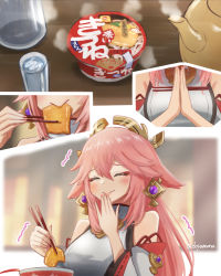Rule 34 | 1girl, ^ ^, aburaage, animal ears, chopsticks, closed eyes, comic, commentary request, cup, cup ramen, detached sleeves, drinking glass, earrings, eating, food, fox ears, fox girl, genshin impact, hair between eyes, hair ornament, happy, holding, holding chopsticks, instant udon, japanese clothes, jewelry, kettle, long hair, long sleeves, maruchan akai kitsune udon, nanamo yado, nontraditional miko, pink hair, ribbon-trimmed sleeves, ribbon trim, sidelocks, silent comic, smile, solo, steam, trembling, vision (genshin impact), water, wide sleeves, yae miko