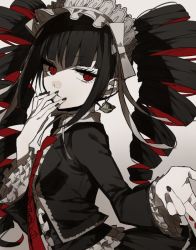 Rule 34 | 10s, 1girl, black hair, black nails, bonnet, celestia ludenberg, danganronpa: trigger happy havoc, danganronpa (series), drill hair, earrings, gothic lolita, hand to own mouth, jewelry, jpeg artifacts, lolita fashion, nail polish, necktie, pale skin, red eyes, red necktie, simple background, solo, twin drills, wonoco0916