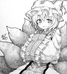 Rule 34 | 1girl, animal hat, anzu ame, blush, fox tail, frills, greyscale, hands in opposite sleeves, hat, hat with ears, long sleeves, looking at viewer, millipen (medium), mob cap, monochrome, multiple tails, open mouth, mob cap, shikishi, short hair, signature, solo, tabard, tail, touhou, traditional media, upper body, wide sleeves, yakumo ran