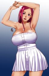 Rule 34 | 1girl, armpits, arms up, blue eyes, breasts, ganto, gradient background, huge breasts, looking at viewer, pink hair, simple background, solo, white dress