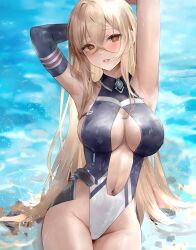 Rule 34 | 1girl, alternate costume, armpits, arms up, azur lane, bii bii (bronzeii002), blonde hair, blush, breasts, brown eyes, center opening, cleavage, collared one-piece swimsuit, commentary request, commission, cosplay, crossed bangs, dace (azur lane), dace (azur lane) (cosplay), elbow gloves, gloves, hair between eyes, highres, implacable (azur lane), large breasts, long bangs, long hair, looking at viewer, navel, parted lips, sideboob, single elbow glove, sitting, skeb commission, solo, two-tone swimsuit, very long hair, water