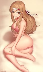 Rule 34 | 1girl, :d, alternate costume, arm support, artist name, ass, bare arms, bare legs, bare shoulders, barefoot, bikini, blush, breasts, brown eyes, brown hair, cleavage, commission, fire emblem, fire emblem fates, grin, hana (fire emblem), headband, kuroonehalf, long hair, lying, medium breasts, nintendo, on ground, on side, open mouth, pink bikini, sand, smile, solo, swimsuit