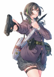 Rule 34 | 1girl, bag, black hair, black necktie, black skirt, character request, collared shirt, combat knife, commentary request, copyright request, cowboy shot, daito, ear piercing, earrings, expressionless, finger on trigger, green eyes, green hair, grey necktie, gun, h&amp;k vp9, handgun, highres, holding, holding gun, holding knife, holding weapon, holster, jacket, jewelry, knife, long hair, looking at viewer, m9 (bayonet), necktie, piercing, purple jacket, school uniform, shirt, shoulder bag, simple background, skirt, solo, striped necktie, thigh strap, two-tone necktie, weapon, white background, white shirt