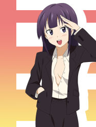 Rule 34 | 1girl, :d, black hair, blue eyes, blush, breasts, business suit, face, flat chest, formal, hand in pocket, ikari manatsu, long hair, no bra, open clothes, open mouth, open shirt, purple hair, salute, shirt, smile, solo, suit, tsurime, unbuttoned, working!!, yamada aoi