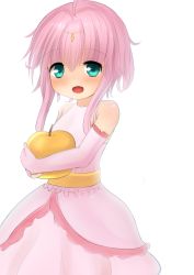 Rule 34 | 1girl, apple, bare shoulders, blush, elbow gloves, eyebrows, flower knight girl, food, fruit, gloves, holding, looking at viewer, neko miyabi (artist), open mouth, pink hair, ringo (flower knight girl), simple background, solo, standing, white background, white gloves