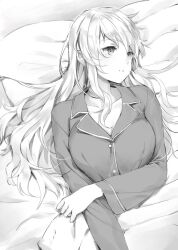 Rule 34 | 1girl, blind, breasts, crossed arms, greyscale, katawa shoujo, large breasts, long hair, long sleeves, looking to the side, messy hair, monochrome, open mouth, pajamas, pillow, satou lilly, solo, under covers, weee (raemz)