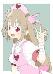 Rule 34 | 1girl, absurdres, apron, armband, bad id, bad twitter id, bandages, donguri suzume, fang, hair ornament, hand up, hat, heart, highres, light brown hair, long hair, looking at viewer, nail polish, natori sana, nurse cap, open mouth, pink apron, pink hat, puffy short sleeves, puffy sleeves, rabbit hair ornament, red eyes, red nails, sana channel, short sleeves, smile, solo, two side up, virtual youtuber