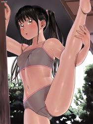 Rule 34 | 1girl, :o, barefoot, black hair, blush, breasts, brown eyes, cameltoe, chitose (zenkou), covered erect nipples, dated, flat chest, flexible, from below, kneepits, leg lift, legs, looking at viewer, looking down, navel, original, panties, parted lips, shiny skin, shouji, sliding doors, small breasts, solo, split, sports bra, standing, standing on one leg, stretching, twintails, underwear, underwear only, zenkou