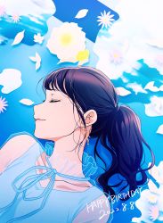 Rule 34 | 1girl, aida rikako, birthday, blue dress, blue sky, brown hair, closed eyes, collarbone, commentary, dated, dress, earrings, english text, flower, happy birthday, high ponytail, highres, jewelry, kougi hiroshi, long hair, lying, on back, petals, ponytail, real life, reflection, sky, smile, upper body, water