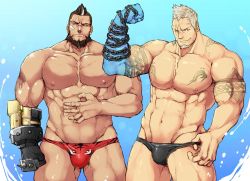 Rule 34 | 2boys, aaron huton (cyphers), abs, amputee, animal print, arm tattoo, bandaid, bandaid on cheek, bandaid on face, bara, bare pectorals, bear, beard, black eyes, black hair, black male swimwear, blue skin, bulge, chain, chest tattoo, colored skin, cowboy shot, cyphers, damian doyle (cyphers), dark-skinned male, dark skin, facial hair, flexing, goatee, groin, large pectorals, looking to the side, male focus, male swimwear, male underwear, male underwear pull, mohawk, multiple boys, muscular, muscular male, navel, nipples, pectorals, print male swimwear, red male swimwear, red male underwear, scar, scar across eye, scar on face, short hair, shoulder tattoo, smile, smirk, spiked hair, spread legs, stomach, swim briefs, tank top, tattoo, thick thighs, thighs, tiger print, underwear, upper body, water, white hair, winemvee