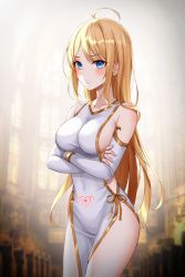 Rule 34 | 1girl, absurdres, ahoge, bare shoulders, blonde hair, blue eyes, breasts, china dress, chinese clothes, cleavage, clenched teeth, collarbone, covered navel, cowboy shot, crossed arms, detached sleeves, dress, eichi (skskdi12z), frown, gold trim, highres, large breasts, long hair, long sleeves, looking at viewer, no panties, original, pelvic curtain, pubic tattoo, sideless outfit, sleeveless, sleeveless dress, solo, standing, tattoo, teeth, thighs, v-shaped eyebrows, very long hair, white dress