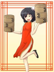 Rule 34 | 1girl, :d, alternate costume, alternate hair ornament, bamboo steamer, bare shoulders, black hair, blush, breasts, bun cover, carrying, china dress, chinese clothes, dress, looking at viewer, no headwear, no headwear, no panties, one eye closed, open mouth, red eyes, shameimaru aya, short hair, small breasts, smile, solo, standing, standing on one leg, teoi (good chaos), touhou, wink