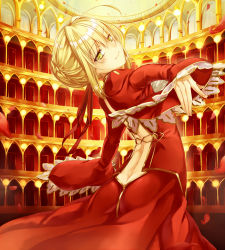 Rule 34 | 10s, 1girl, ahoge, arched back, ass, backless dress, backless outfit, bad id, bad pixiv id, blonde hair, blush, butt crack, colosseum, commentary request, dress, epaulettes, fate/extra, fate (series), green eyes, hair intakes, highres, looking at viewer, nero claudius (fate), nero claudius (fate) (all), nero claudius (fate/extra), outstretched arms, red dress, saijou yukina, smile, solo, wide sleeves