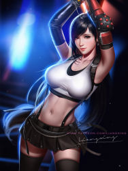 Rule 34 | 1girl, arm guards, armpits, artist name, backlighting, bare shoulders, black gloves, black hair, black skirt, black thighhighs, blush, breasts, brown eyes, closed mouth, cowboy shot, crop top, elbow gloves, final fantasy, final fantasy vii, final fantasy vii remake, gloves, highres, jewelry, unworn jewelry, large breasts, liang xing, long hair, looking at viewer, miniskirt, navel, necklace, unworn necklace, red lips, signature, skirt, sleeveless, smile, solo, square enix, stomach, suspender skirt, suspenders, swept bangs, thighhighs, tifa lockhart, toned, very long hair, watermark, web address, zettai ryouiki