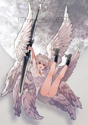 Rule 34 | 1girl, :d, ahoge, angel chromosome xx, angel wings, arms up, bad id, bad twitter id, black socks, boots, commentary, double sided sword, full body, full moon, grey footwear, hair between eyes, holding, holding sword, holding weapon, ikeuchi tanuma, legs up, looking at viewer, medium hair, moon, multiple wings, neon genesis evangelion, open mouth, red eyes, shirt, short shorts, short sleeves, shorts, smile, socks, solo, sword, tabris-xx, twitter username, weapon, white hair, white shirt, white shorts, wings
