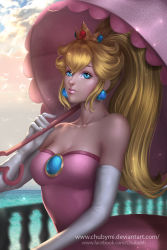 Rule 34 | 1girl, adapted costume, animal, artist name, bare shoulders, bird, blue eyes, blue gemstone, breasts, chuby mi, cleavage, closed mouth, cloud, cloudy sky, collarbone, cowboy shot, crown, day, dress, earrings, elbow gloves, female focus, gem, gloves, highres, holding, holding umbrella, horizon, jewelry, large breasts, light rays, lips, lipstick, looking at viewer, makeup, mario (series), neck, nintendo, ocean, outdoors, pink dress, pink lips, ponytail, princess peach, puffy short sleeves, puffy sleeves, railing, red gemstone, seagull, short sleeves, sidelocks, sky, smile, solo, sparkle, strapless, strapless dress, sunlight, umbrella, upper body, water, watermark, web address, white gloves