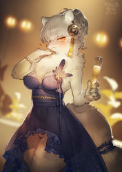 Rule 34 | 1girl, alcohol, animal ears, bare shoulders, black dress, blurry, blush, breasts, champagne, champagne flute, cleavage, cowboy shot, cup, depth of field, dress, drinking glass, furry, furry female, hair ornament, heart, holding, looking at viewer, no panties, orange eyes, original, revealing clothes, sengoku bushouki muramasa, silver hair, smile, solo, tail, zhuzi