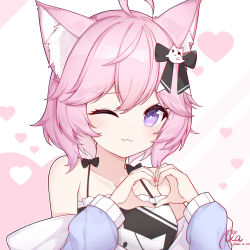 Rule 34 | 1girl, :3, ahoge, alternate hairstyle, animal ears, bare shoulders, black footwear, bow, breasts, cat ears, cat girl, cat hair ornament, collarbone, dated, eyepatch, ghost tail, hair between eyes, hair bow, hair ornament, heart, heart background, heart eyepatch, heart hands, highres, hood, hoodie, light blush, looking at viewer, medium hair, nyatasha nyanners, nyatasha nyanners (1st costume), off shoulder, one eye closed, pink background, pink hair, poinia, purple eyes, signature, small breasts, smile, solo, two-tone background, upper body, virtual youtuber, vshojo, white background