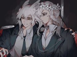 Rule 34 | 2boys, alcohol, bai xiao, bishounen, black nails, choker, collared shirt, daydream forester, doupichipizi, ear piercing, formal, grey hair, hair down, hair over shoulder, hand on another&#039;s shoulder, highres, long hair, multiple boys, nail polish, piercing, pointy hair, profile, red nails, shirt, sidelocks, sky: children of the light, smile, suit, uniform, vest, white hair, white shirt, wreath