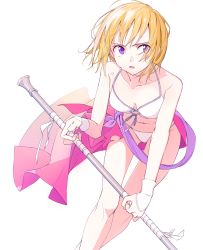 Rule 34 | 1girl, aspara, bikini, blonde hair, breasts, collarbone, crossed legs, front-tie bikini top, front-tie top, holding, holding weapon, leaning forward, navel, open mouth, original, polearm, purple eyes, sarong, short hair, simple background, small breasts, solo, standing, swimsuit, thighs, weapon, wet, white background, white bikini