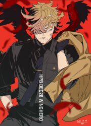 Rule 34 | 1boy, beard, black gloves, black necktie, black pants, black shirt, black wings, blonde hair, boku no hero academia, closed mouth, coat, collared shirt, facial hair, facing viewer, feathers, gloves, hawks (boku no hero academia), holding, holding clothes, holding coat, light smile, long sleeves, looking to the side, male focus, medium hair, necktie, pants, red background, shirt, solo, thick eyebrows, upper body, wings, yan (bltyann), yellow eyes