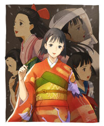 1girl black_hair blunt_bangs commentary_request fujiwara_chiyoko hair_ornament hair_ribbon hairpin holding holding_key japanese_clothes key kimono looking_at_viewer looking_to_the_side mole mole_under_eye multiple_views muraicchi_(momocchi) obi orange_kimono pink_kimono profile red_lips red_ribbon ribbon sash sennen_joyuu short_hair signature wide_sleeves