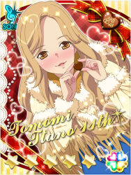 1girl akb0048 asymmetrical_bangs blue_skirt blush brown_eyes brown_hair candy card_(medium) character_name chocolate chocolate_heart coat copyright_name cowboy_shot dutch_angle food heart heart-shaped_food itano_tomomi_(akb0048) long_hair long_sleeves looking_at_viewer non-web_source official_art parted_lips plaid_background red_background skirt solo sparkle star_(symbol) wavy_hair white_coat