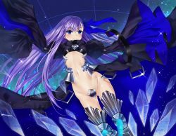 Rule 34 | 10s, 1girl, blue eyes, blue ribbon, blush, fate/extra, fate/extra ccc, fate (series), hair ribbon, komazuki (komaworks240), long hair, looking at viewer, meltryllis (fate), navel, parted lips, purple hair, ribbon, smile, solo