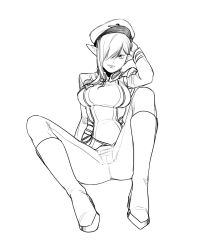 Rule 34 | 1girl, absurdres, arm support, breasts, elf, full body, greyscale, hair over one eye, highres, less, looking at viewer, medium breasts, monochrome, original, pointy ears, short hair, sitting, solo, spread legs, uniform, white background