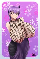 Rule 34 | 1girl, absurdres, ayane (doa), azrael, bare shoulders, breasts, cleavage, dead or alive, dead or alive 5, female focus, fishnets, highres, huge breasts, kunoichi, large areolae, large nipples, looking at viewer, nipples, parted lips, purple hair, red eyes, short hair, smile, solo, standing, tecmo