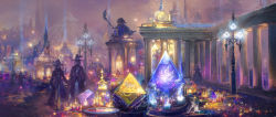 Rule 34 | 6+others, black mage (final fantasy), candle, city, final fantasy, final fantasy xiv, hat, highres, lamppost, multiple others, norino (106592473), pyramid (structure), robe, scenery, statue, witch hat