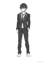 Rule 34 | 1boy, bags under eyes, closed mouth, greyscale, hair between eyes, hand in pocket, hatching (texture), highres, male focus, monochrome, necktie, original, qiongsheng, simple background, sketch, solo, standing, uniform, white background