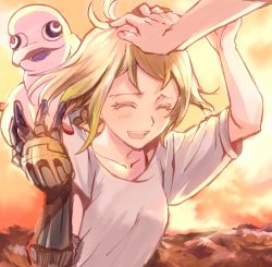 Rule 34 | 1girl, blonde hair, closed eyes, decadence (anime), hand on another&#039;s head, happy, head pat, headpat, highres, masaki (sakura tenkyuu), natsume (decadence), open mouth, orange hair, outdoors, pipe (decadence), prosthesis, prosthetic arm, shirt, short hair, smile, solo focus