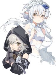 Rule 34 | 1girl, ahoge, arknights, black sleeves, blue flower, casual one-piece swimsuit, clenched hand, crocodilian tail, detached sleeves, flower, gloves, goggles, goggles around neck, grey gloves, grey hair, hair between eyes, hair ornament, hand to own mouth, hands up, head wreath, highres, hood, hood up, hooded shirt, long hair, long sleeves, looking at viewer, multiple views, navel, official alternate costume, one-piece swimsuit, own hands together, partially fingerless gloves, pointy ears, shirt, short hair, simple background, sleeveless, sleeveless shirt, swimsuit, tail, tomimi (arknights), tomimi (silent night) (arknights), upper body, waist cutout, white background, white flower, white one-piece swimsuit, x hair ornament, yellow eyes, yunweishukuang