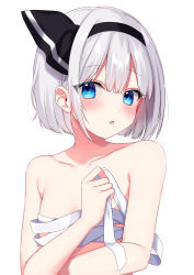 Rule 34 | 1girl, bandages, bare arms, bare shoulders, black hairband, black ribbon, blue eyes, blush, breasts, collarbone, commentary request, duplicate, eyelashes, eyes visible through hair, grey hair, hair between eyes, hairband, hands up, highres, konpaku youmu, looking at viewer, medium breasts, open mouth, pixel-perfect duplicate, ribbon, sarashi, shinonome asu, short hair, simple background, solo, teeth, touhou, upper body, white background