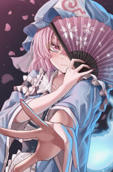 Rule 34 | 1girl, absurdres, blue hat, blue kimono, cherry blossoms, closed mouth, folding fan, hand fan, hat, highres, holding, holding fan, japanese clothes, kimono, long sleeves, looking at viewer, mahoro (minase mahoro), mob cap, pink eyes, pink hair, pink nails, saigyouji yuyuko, short hair, solo, touhou, triangular headpiece, upper body, wide sleeves