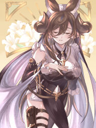 Rule 34 | 1girl, animal ears, breasts, brown hair, closed eyes, commentary, cowboy shot, detached sleeves, frills, galleon (granblue fantasy), granblue fantasy, hair between eyes, highres, horns, large breasts, nyapanu, parted lips, pelvic curtain, pointy ears, skindentation, sleeveless, solo, thigh strap