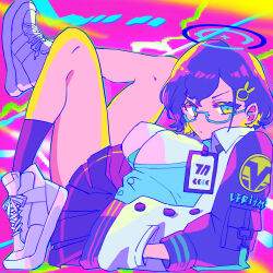 Rule 34 | 1girl, black socks, blue archive, chihiro (blue archive), glasses, halo, highres, id card, jacket, logo, looking at viewer, lying, naokorin ch, shoes, unworn shoes, short hair, socks, solo