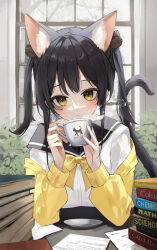 Rule 34 | 1girl, absurdres, animal ear fluff, animal ears, animal ears (norankkori), black hair, black sailor collar, blush, book, book stack, bow, bowtie, cat ears, cat girl, cat tail, closed mouth, coffee bean hair ornament, commentary, cup, double-parted bangs, hair between eyes, hair ornament, highres, holding, holding cup, hot drink, jacket, leaf, long sleeves, looking at viewer, off shoulder, original, paper, sailor collar, shirt, solo, symbol-only commentary, tail, twintails, upper body, white shirt, window, yellow bow, yellow bowtie, yellow eyes, yellow jacket