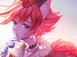 1girl, animal ears, choker, commentary request, cure chocolat, earrings, eyelashes, fur-trimmed jacket, fur trim, gloves, gradient, gradient background, hat, jacket, jewelry, kenjou akira, kirakira precure a la mode, looking at viewer, magical girl, precure, red eyes, red hair, red jacket, short hair, signature, solo, spiked hair, tail, urbandusk, white gloves