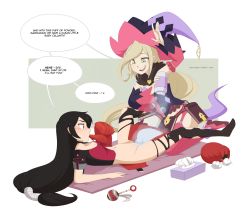Rule 34 | 2girls, adult baby, baby powder, black hair, blonde hair, blush, book, breasts, cleft of venus, detached sleeves, diaper, diaper changing, english text, green eyes, hat, highres, long hair, magilou (tales), md5 mismatch, merunyaa, multiple girls, no panties, no pants, open mouth, pointy ears, rattle, resized, tales of (series), tales of berseria, thighhighs, thumb sucking, upscaled, velvet crowe, yellow eyes