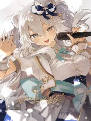 Rule 34 | 1girl, :d, ahoge, animal ears, black nails, breasts, claw pose, cowboy shot, cropped jacket, grey eyes, grey hair, grey skirt, hair between eyes, hat, highres, holding, holding microphone, hololive, jacket, kumono nnn, lion ears, looking at viewer, medium breasts, microphone, mini hat, open clothes, open jacket, open mouth, shirt, shirt tucked in, shishiro botan, simple background, skirt, smile, solo, sweat, teeth, upper teeth only, v-shaped eyebrows, virtual youtuber, white background, white hat, white jacket, white shirt
