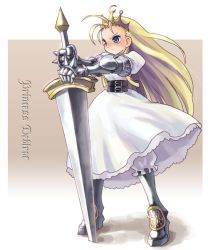Rule 34 | 1girl, armor, armored dress, atlus, blonde hair, blue eyes, boots, brown background, capcom, character name, company connection, cosplay, cyberbots, devilot de deathsatan ix, dress, forehead, full body, gradriel de valendia, hair slicked back, hands on own hips, huge weapon, katahira masashi, knee boots, parody, princess crown, solo, sword, weapon, white background, white dress