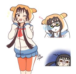 Rule 34 | 10s, 1girl, ;d, angry, asobi asobase, blush, brown eyes, brown hair, cosplay, eye mask, hands on own cheeks, hands on own face, hood, hoodie, long sleeves, one eye closed, open mouth, poptepipic, popuko, saliva, shorts, signature, smile, solo, sparkle, standing, track suit, twintails, white background, yui (jisatsu), zipper, zzz