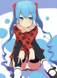 Rule 34 | 1girl, alternate costume, bad id, bad pixiv id, black thighhighs, blue eyes, blue hair, checkered clothes, checkered shirt, hair ribbon, hatsune miku, long hair, long sleeves, looking at viewer, matching hair/eyes, ogipote, panties, pantyshot, ribbon, scarf, shirt, sitting, skirt, smile, solo, thighhighs, twintails, underwear, upskirt, very long hair, vocaloid, white panties