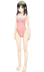 Rule 34 | 1girl, barefoot, black eyes, black hair, bow, bow swimsuit, casual one-piece swimsuit, closed mouth, commentary, frilled one-piece swimsuit, frills, frown, full body, highleg, highleg swimsuit, highres, looking at viewer, maburu (lojyq1eur3e8bit), navel, one-piece swimsuit, original, pink one-piece swimsuit, simple background, solo, standing, straight hair, swimsuit, white background, white bow