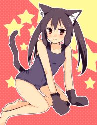 Rule 34 | 00s, 1girl, animal ears, bad id, bad pixiv id, barefoot, black hair, brown eyes, cat ears, cat girl, female focus, flat chest, gloves, k-on!, long hair, nakano azusa, one-piece swimsuit, pimo, school swimsuit, solo, swimsuit, twintails