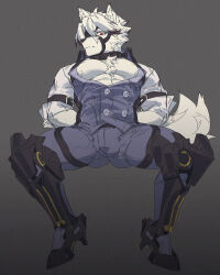 Rule 34 | 1boy, abs, animal ears, arms behind back, bara, colored tips, eyepatch, furry, furry male, grey background, grey pants, grey vest, highres, looking at viewer, male focus, multicolored hair, muzzle, nipples, one eye covered, pants, pectoral cleavage, pectorals, prosthesis, prosthetic leg, red eyes, shirt, tail, vest, von lycaon, white shirt, wolf boy, wolf ears, wolf tail, yume mitaatode, zenless zone zero
