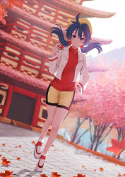Rule 34 | 1girl, absurdres, autumn leaves, bike shorts, blue eyes, blue hair, blurry, blurry background, blush, breasts, cherry blossoms, closed mouth, commentary, commission, creatures (company), cropped jacket, day, dutch angle, earrings, ecruteak city, english commentary, floating hair, full body, game freak, hair between eyes, hand on own hip, hat, highres, holding, holding poke ball, jacket, jewelry, kirimatsu, kris (pokemon), leaf, light smile, looking at viewer, nintendo, outdoors, pagoda, poke ball, poke ball (basic), pokemon, pokemon adventures, red sweater, shadow, shoes, shorts, solo, standing, standing on one leg, star (symbol), star earrings, sweater, tree, turtleneck, turtleneck sweater, twintails, white footwear, white jacket, yellow hat, yellow shorts